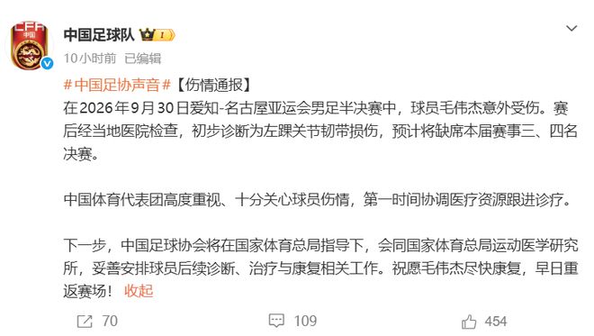 足协深夜发布:毛伟杰初步诊断为左踝关节韧带损伤,无缘亚运会季军战